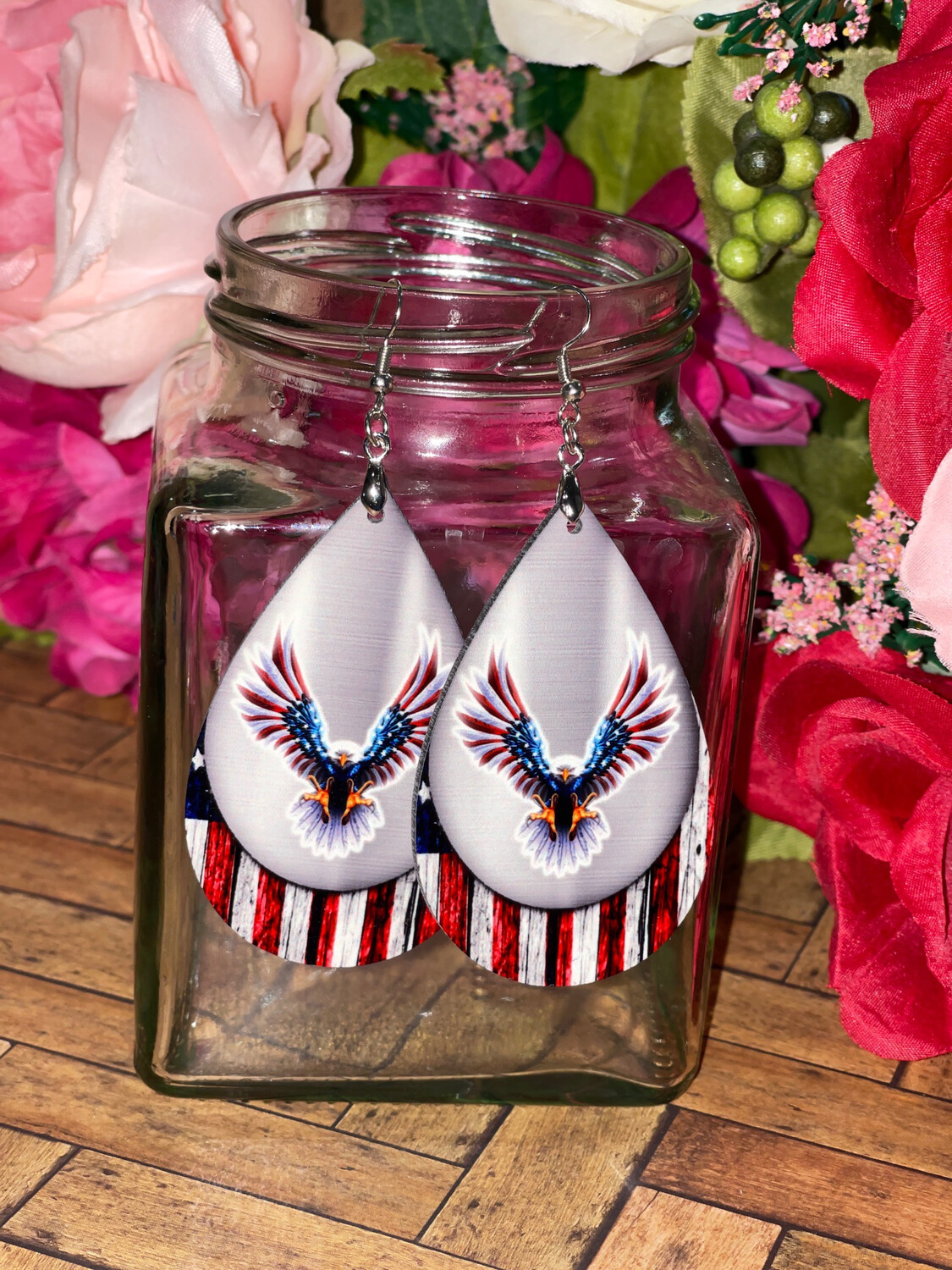 Patriotic Eagle Earrings with Flag Background