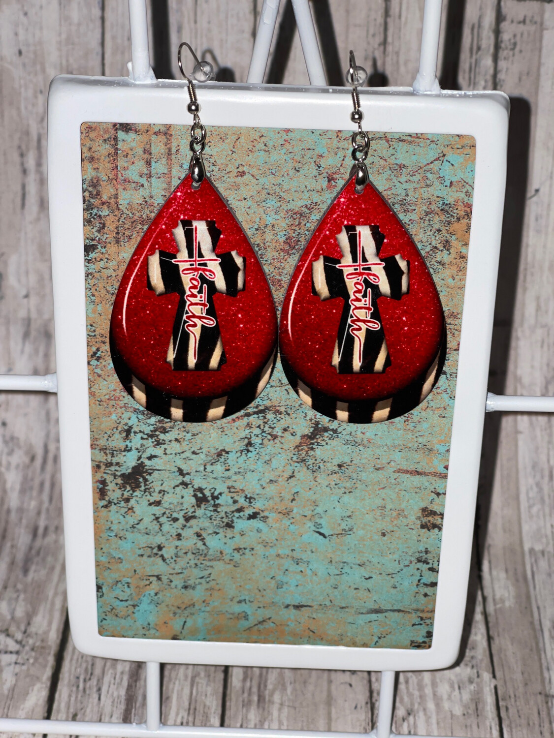 Red With Zebra Print Faith Cross Earrings