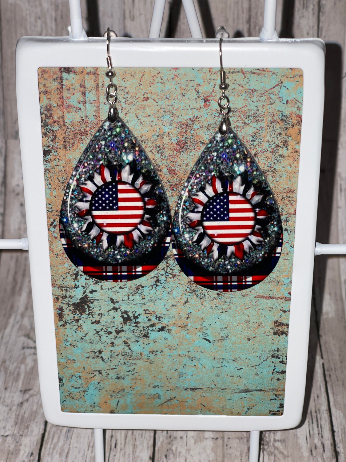 Patriotic Sunflower And Faux Halographic Glitter Earrings