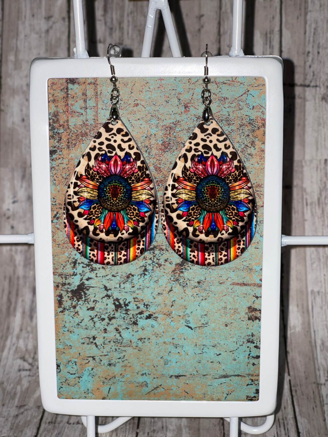 Sunflower Serape Cheetah Teardrop Earrings