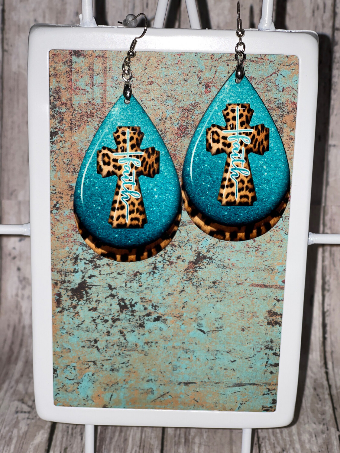 Turquoise Colored With Cheetah Faith Cross Earrings