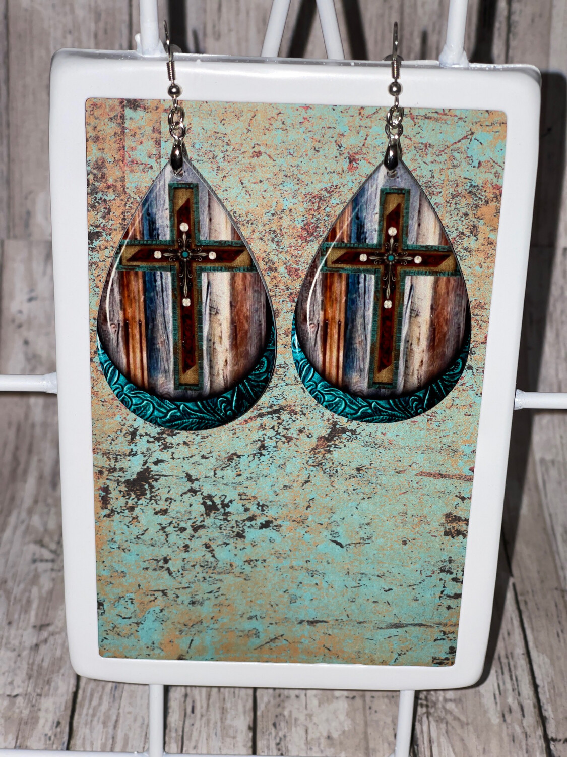 Teal &amp; Faux Wood Design Cross Earrings