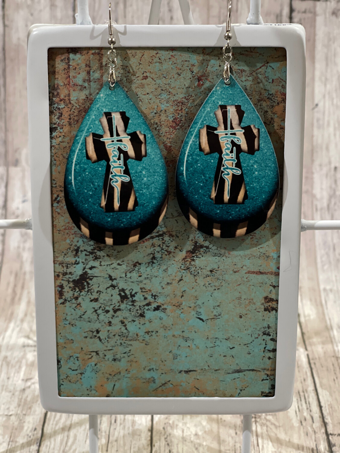 Turquoise Colored With Zebra Print Faith Cross Earrings