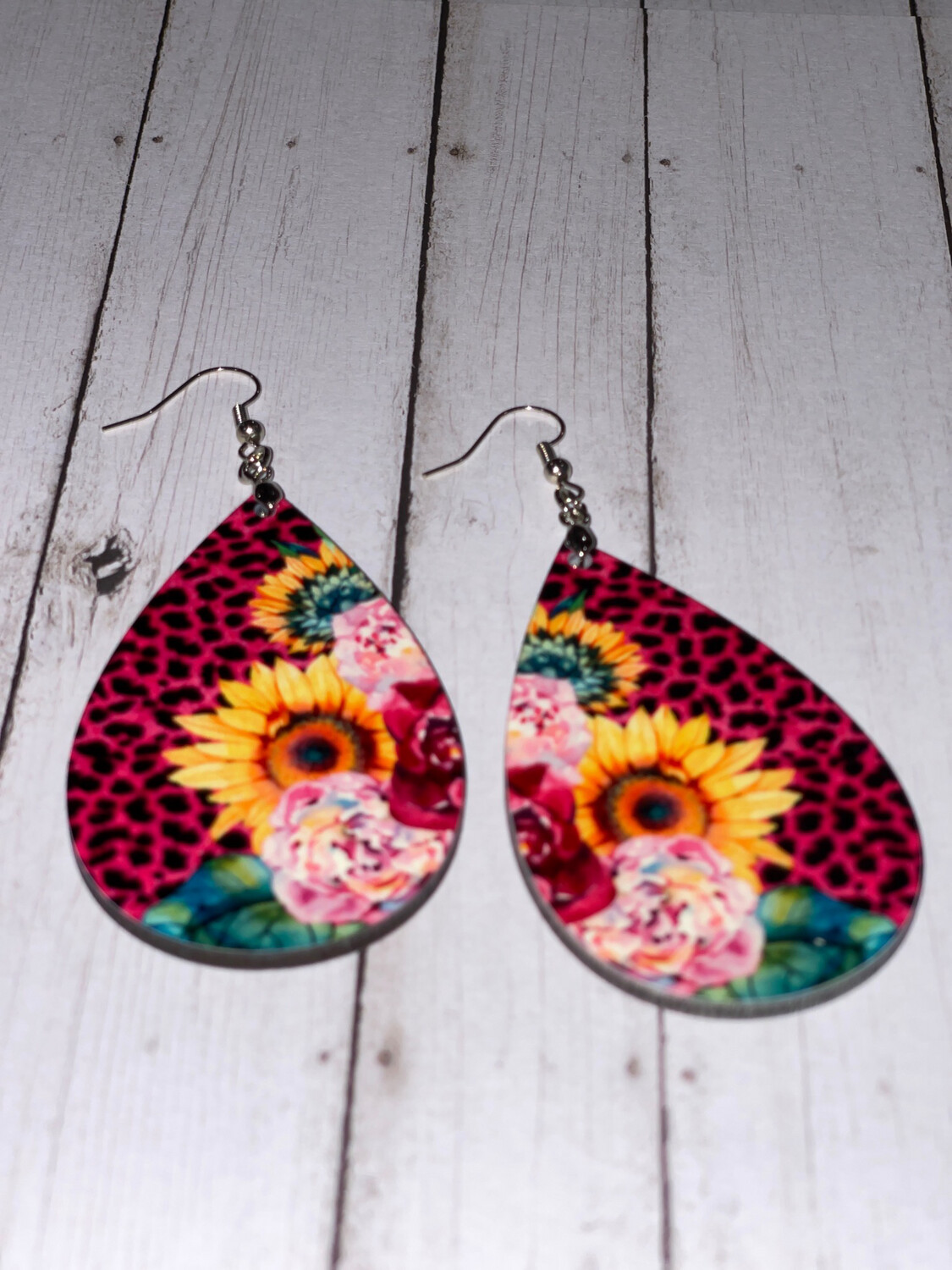 Pink Leopard Sunflower Earrings