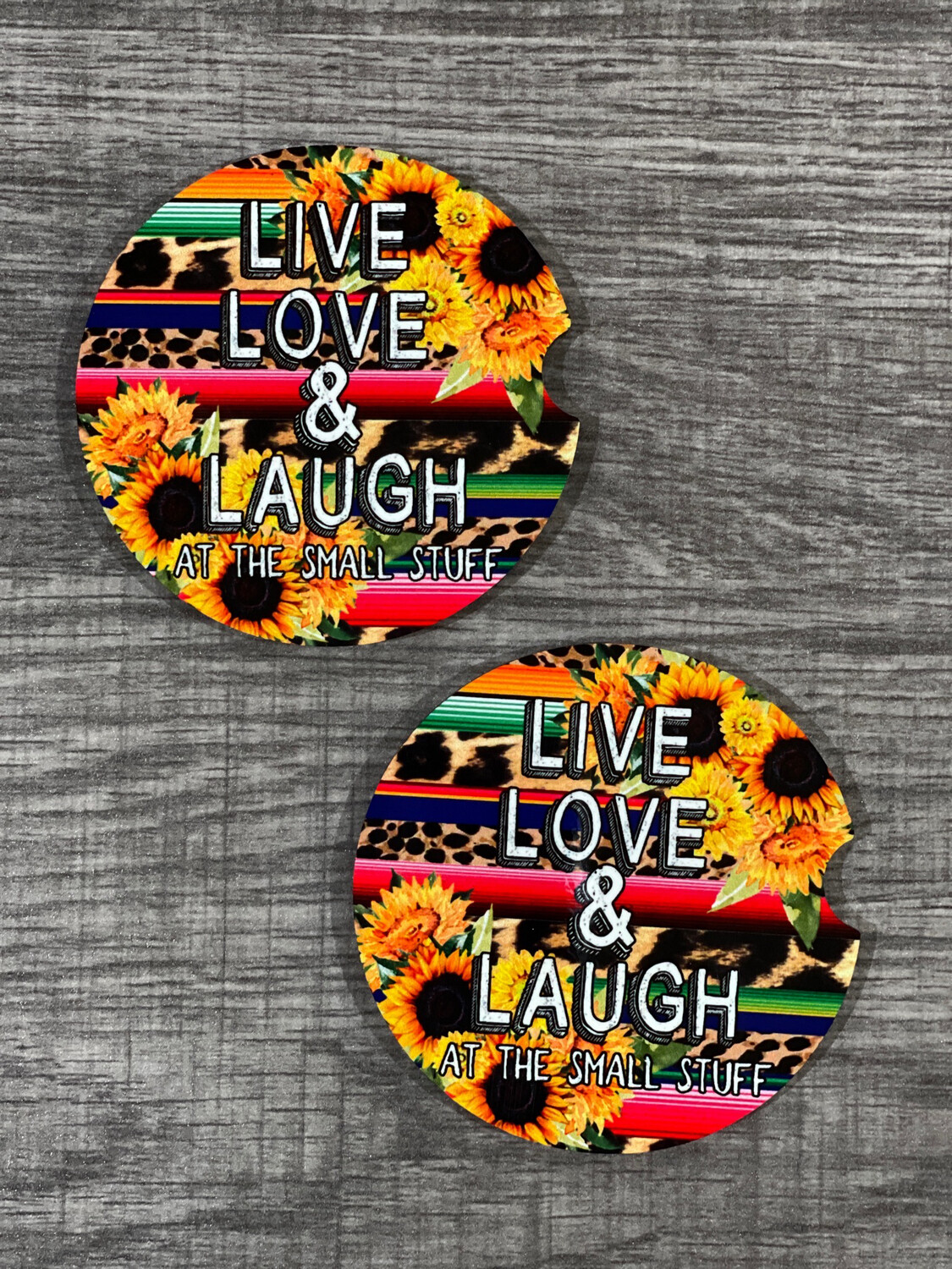 Live, Love, Laugh Sunflower &amp; Serape Car Coasters Set Of 2
