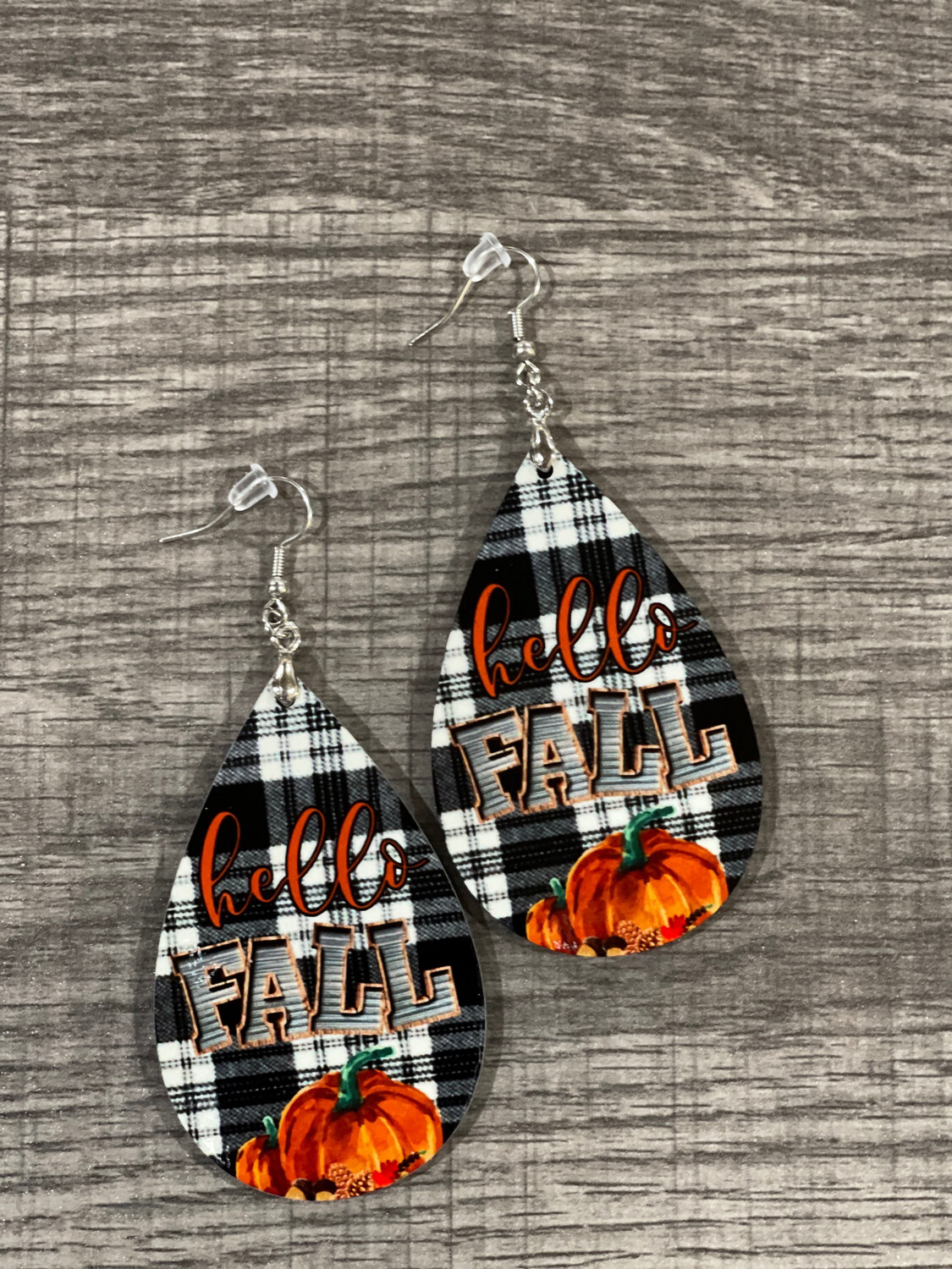 Hello Fall Pumpkin And Plaid Teardrop Earrings