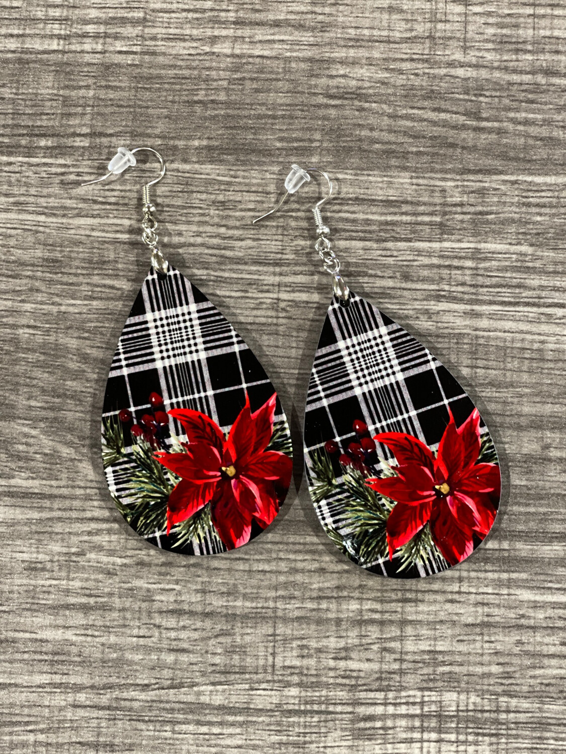 Christmas Poinsettias On Black &amp; White Bkgrnd Teardrop