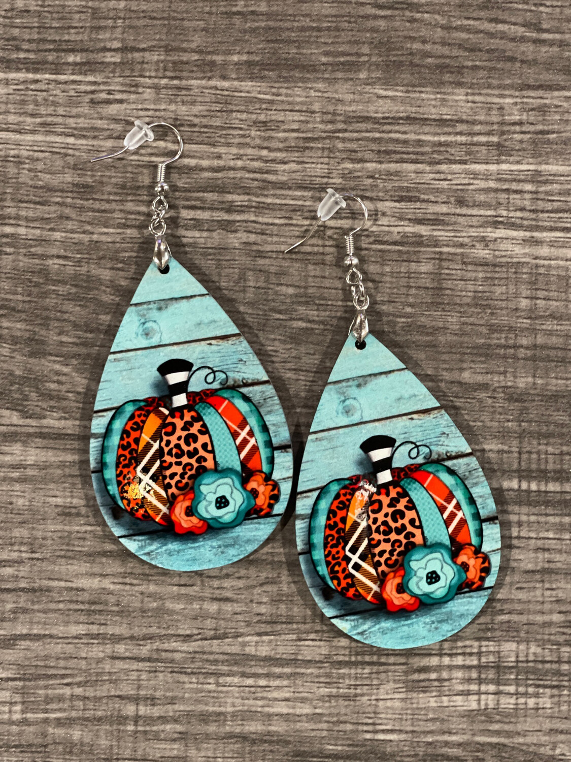 Orange &amp; Teal Fall Pumpkin Teardrop Earrings
