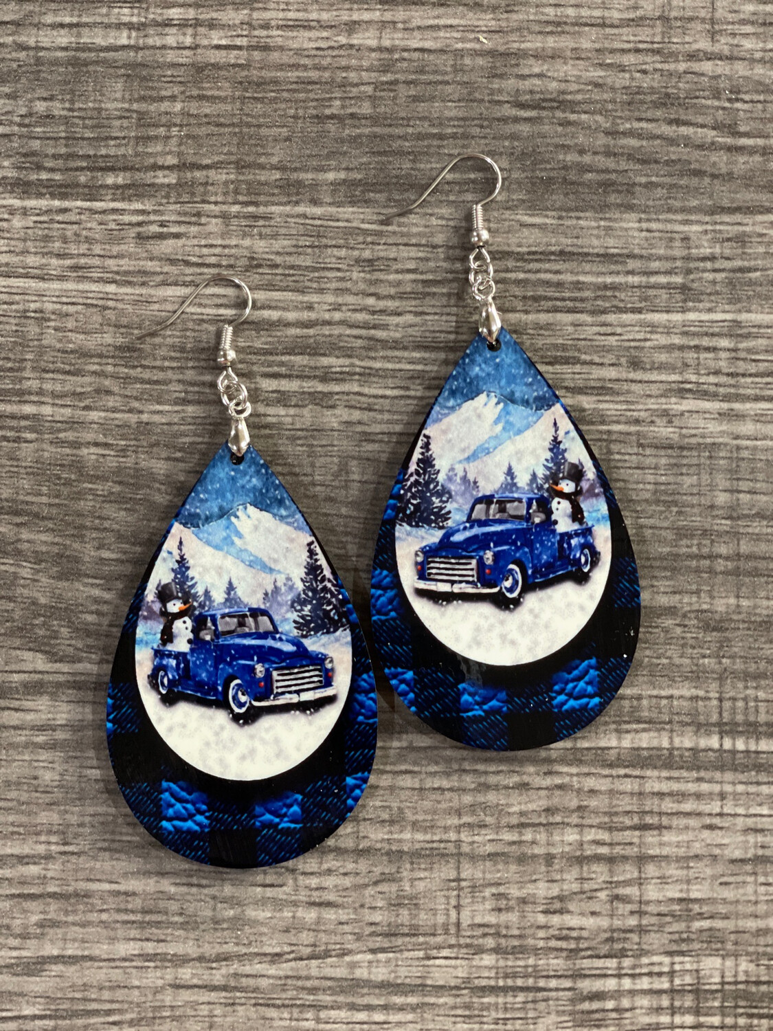 Antique Blue Truck &amp; Snowman Teardrop Earrings