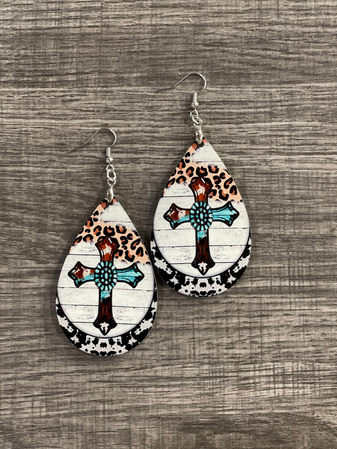 Cheetah &amp; Shiplap Cross Earrings
