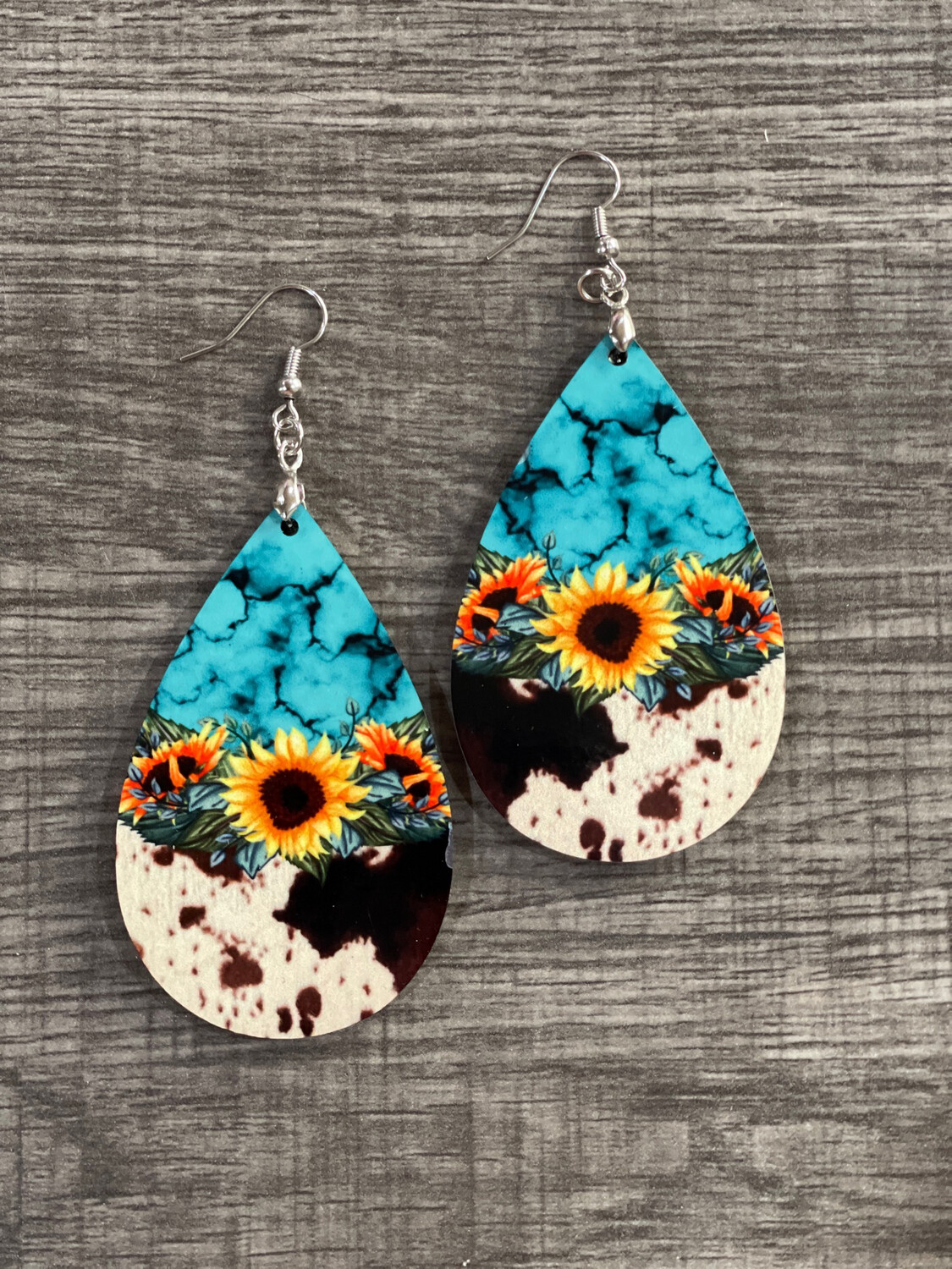 Turquoise, Sunflower &amp; Cow Print Teardrop Earrings