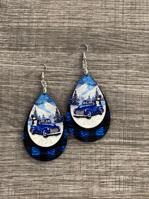 Antique Blue Truck &amp; Snowman Teardrop Earrings