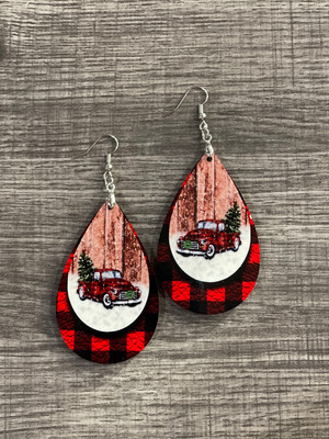 Antique Red Truck With Christmas Tree Teardrop Earrings
