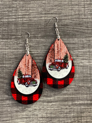 Antique Red Truck With Christmas Tree Teardrop Earrings