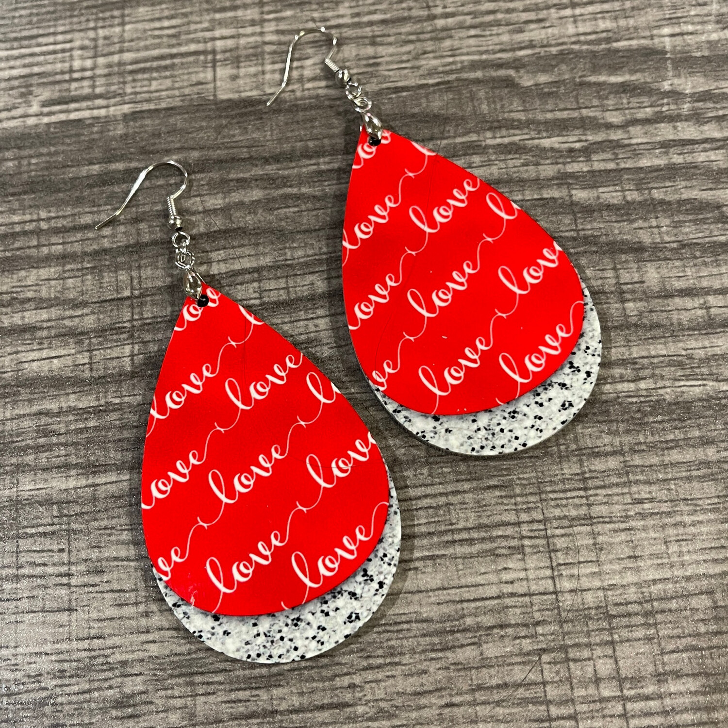 Valentines Faux Glitter LOVE Teardrop Earrings