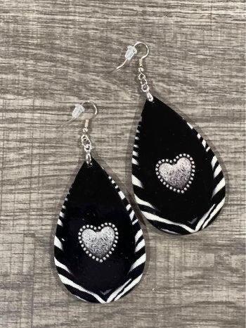 Zebra Print Background, Silver Heart Teardrop Earrings