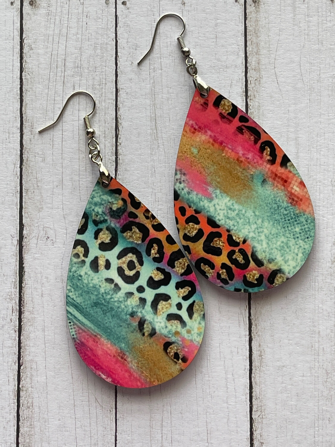 Multicolor Cheetah With Colorful Brush Strokes Teardrop Earrings