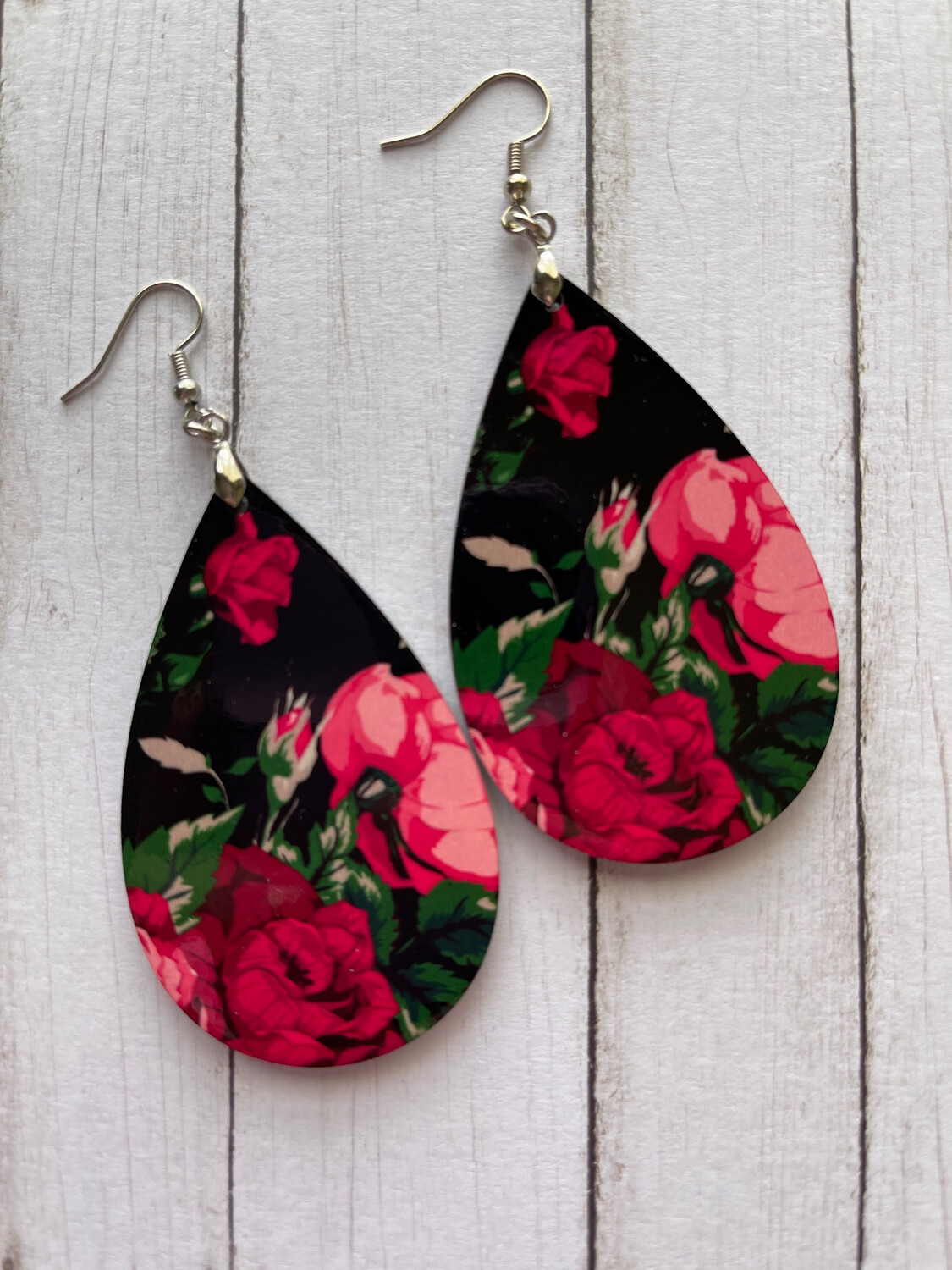 Red Rose Floral Teardrop Earrings
