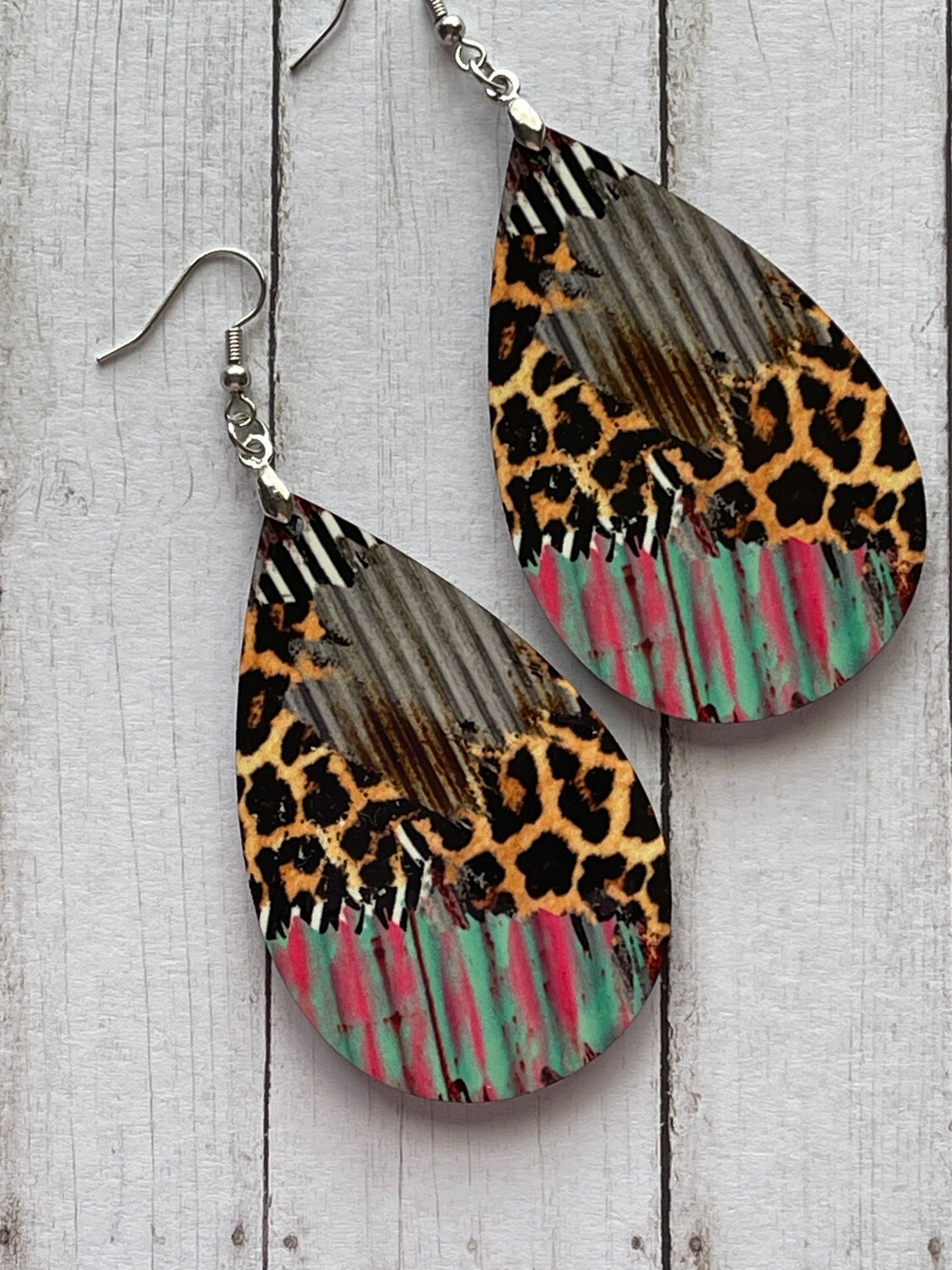 Cheetah &amp; Multicolored Faux Metal Teardrop Earrings