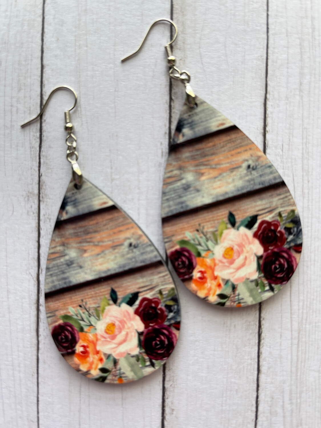 Boho Floral In Wooden Background Teardrop Earrings
