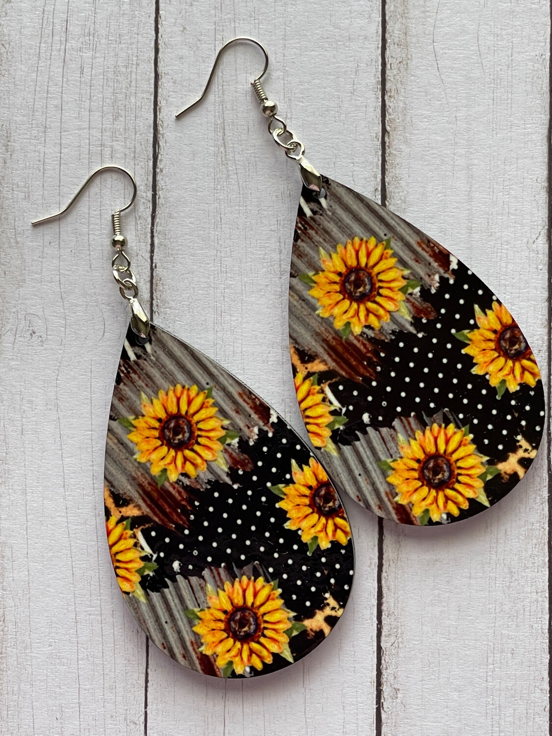 Polka Dot Sunflowers On Faux Rustic Metal Teardrop Earrings