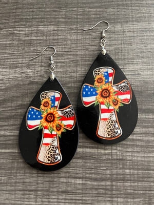 Black Patriotic Cross Teardrop Earrings