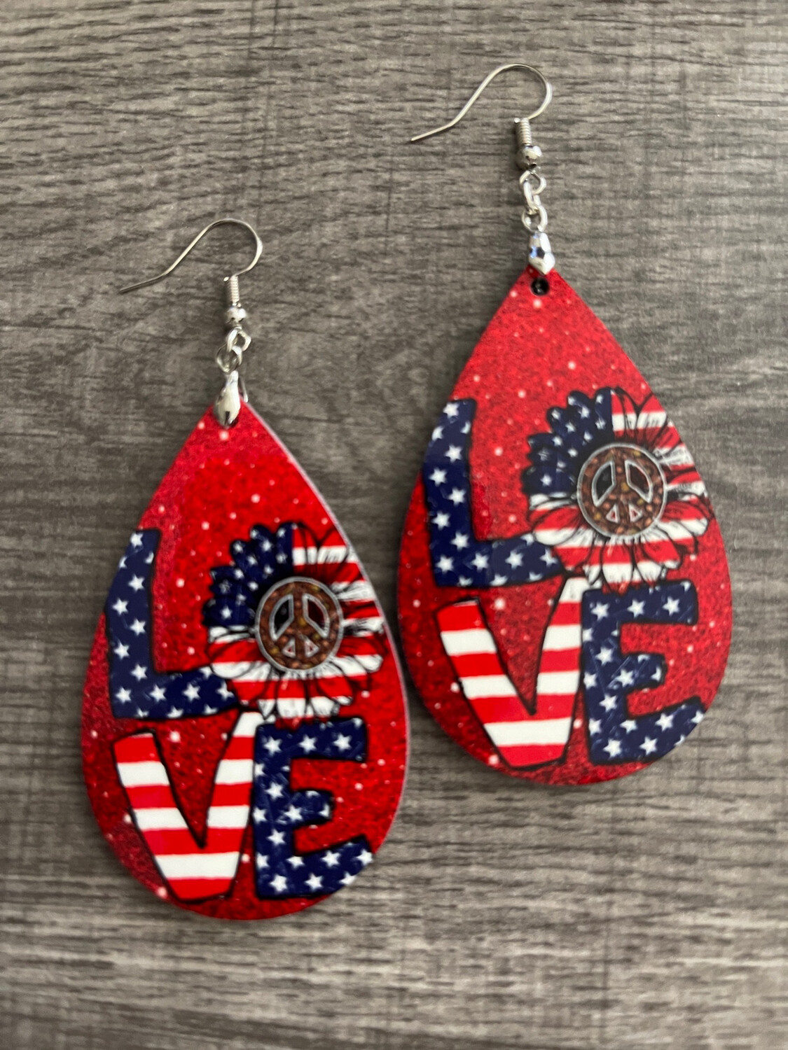 Red Patriotic LOVE Sunflower Teardrop Earrings