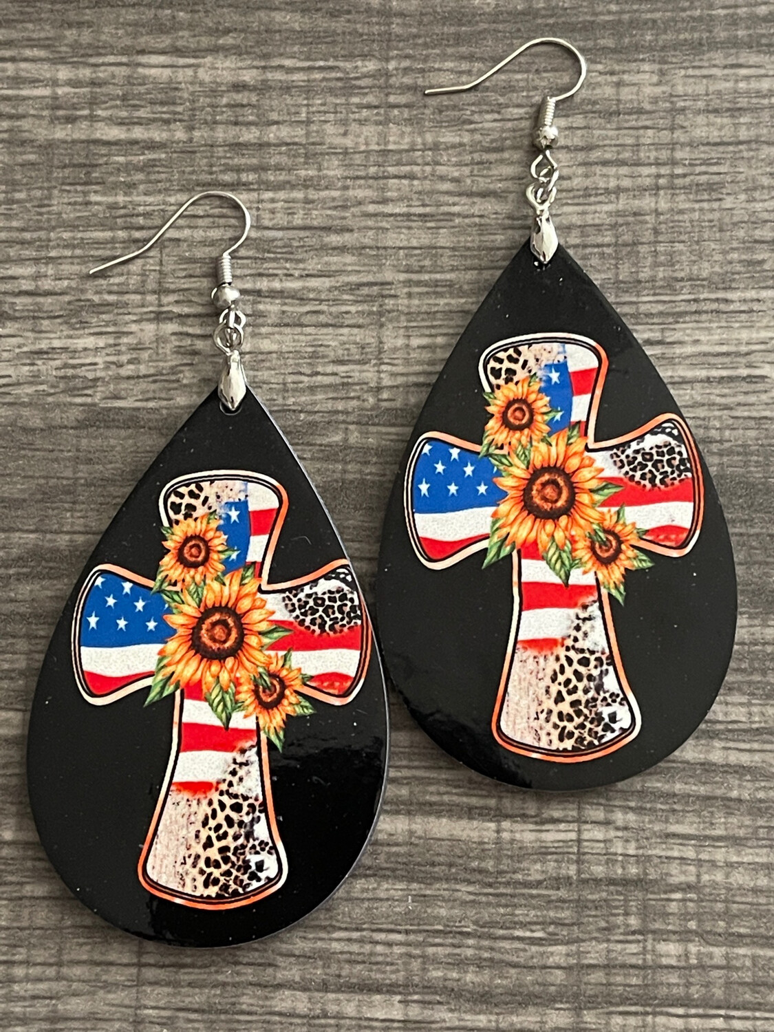 Black Patriotic Cross Teardrop Earrings