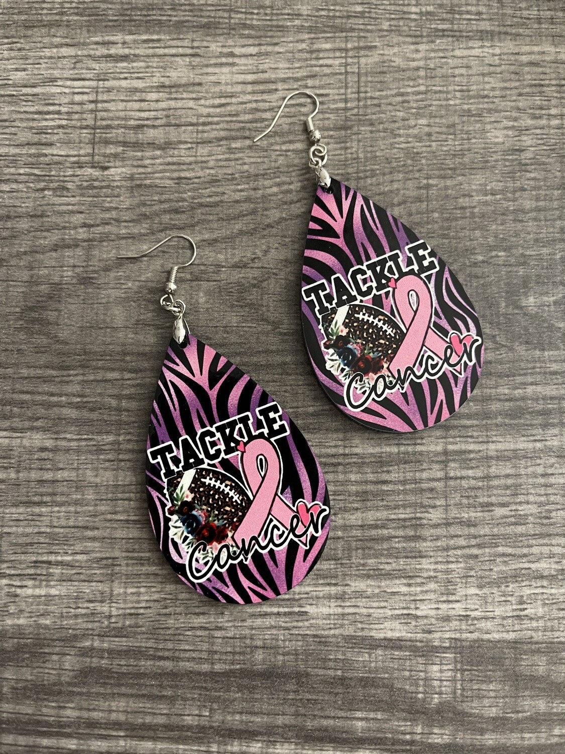 Tackle Cancer Football &amp; Zebra Teardrop Earrings
