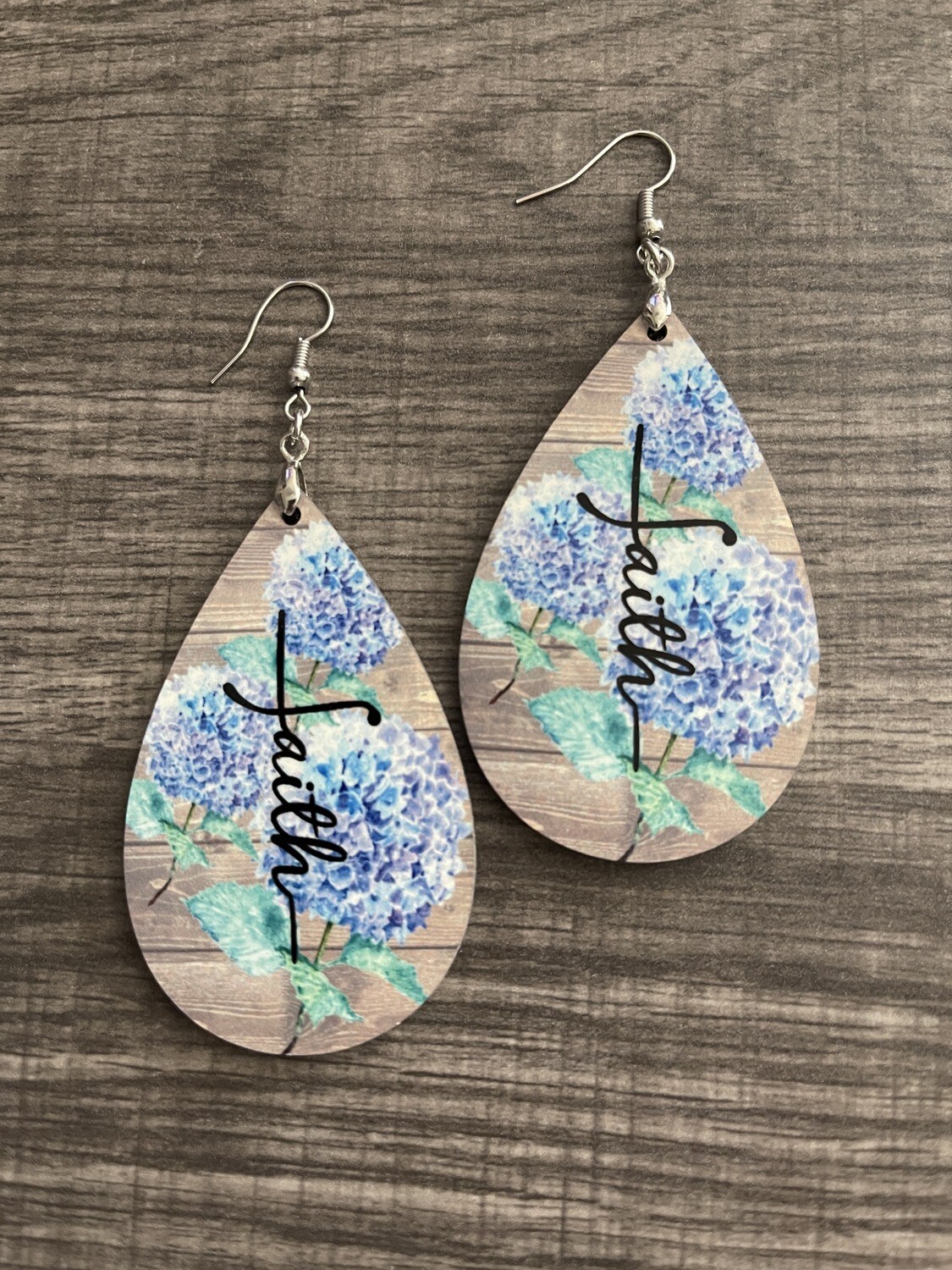 Blue Hydrangea Floral Faith Teardrop Earrings
