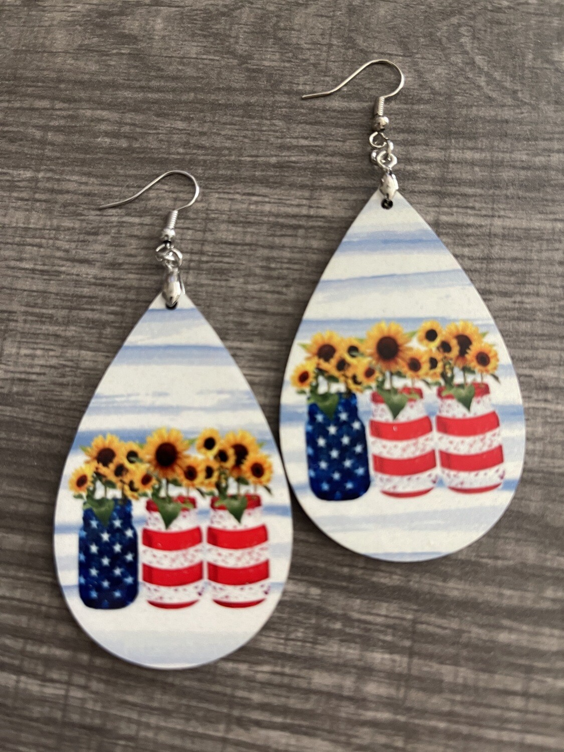 Flag Mason Jar with Sunflowers Teardrop Earrings