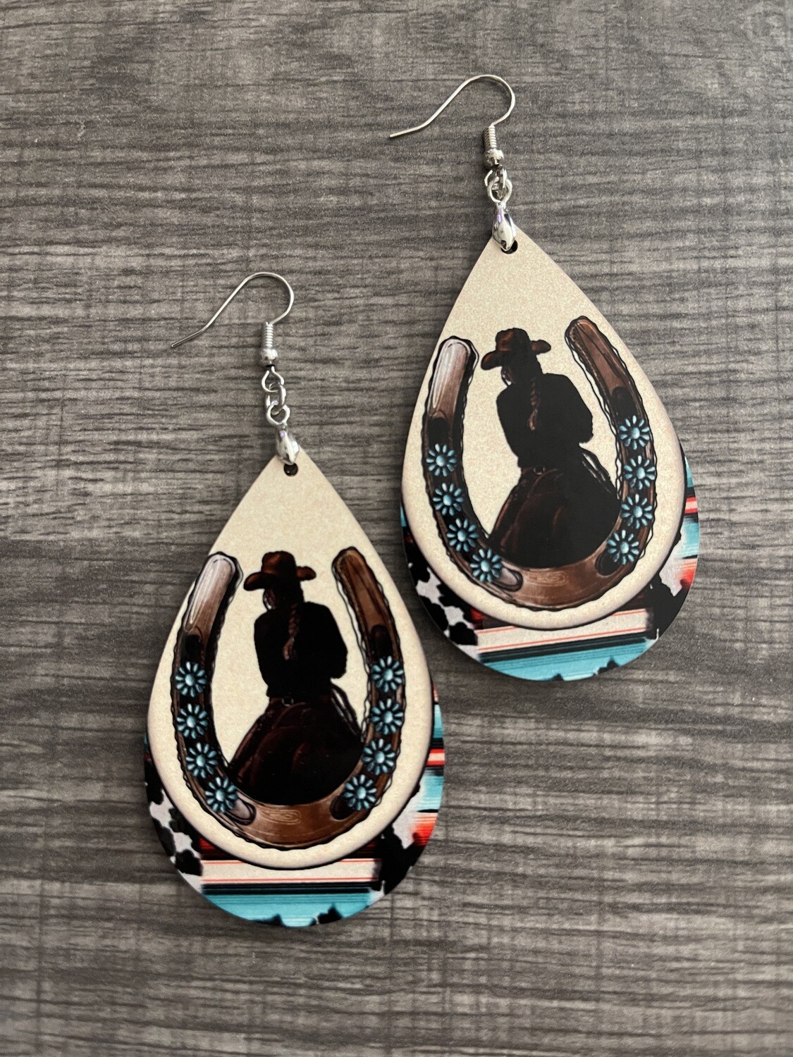 Western Horseshoe &amp; Rider Teardrop Earrings