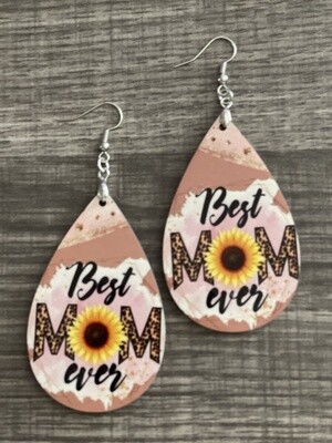 Best Mom Ever Tan, Cheetah &amp; Sunflower Teardrop Earrings