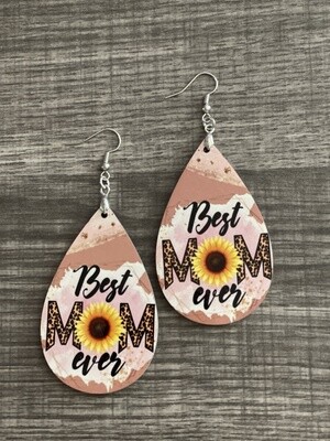 Best Mom Ever Tan, Cheetah &amp; Sunflower Teardrop Earrings