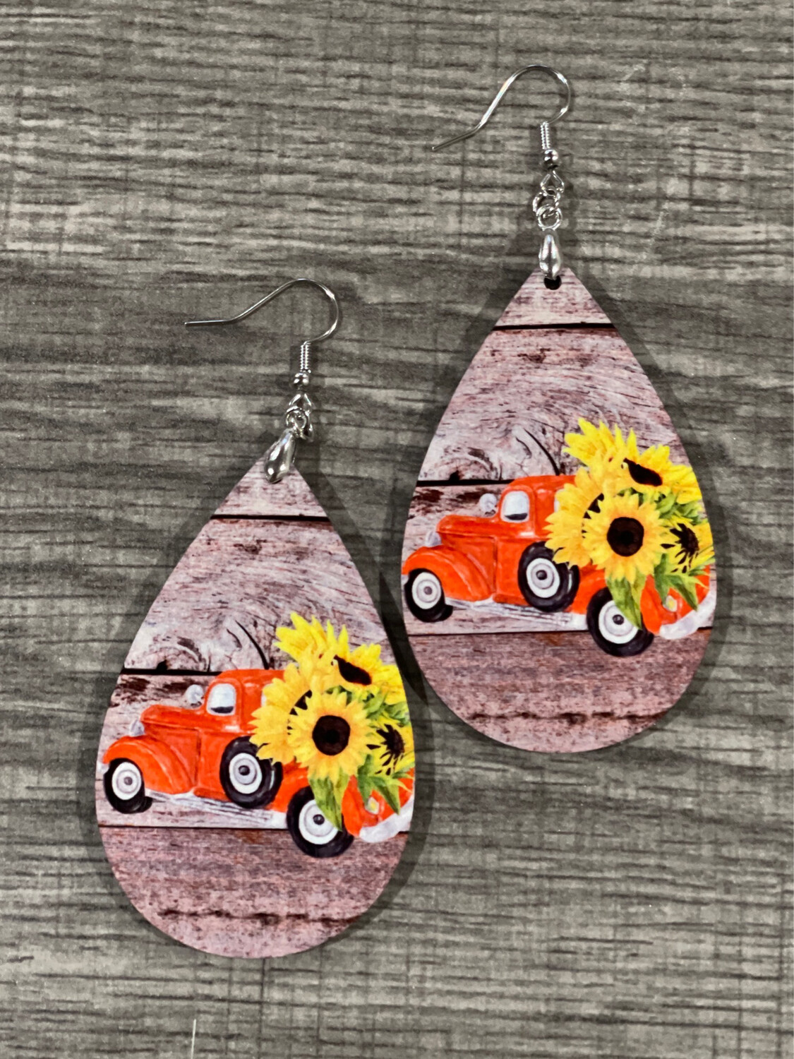 Bountiful Sunflowers In Orange Trucks For Fall Teardrop Earrings 