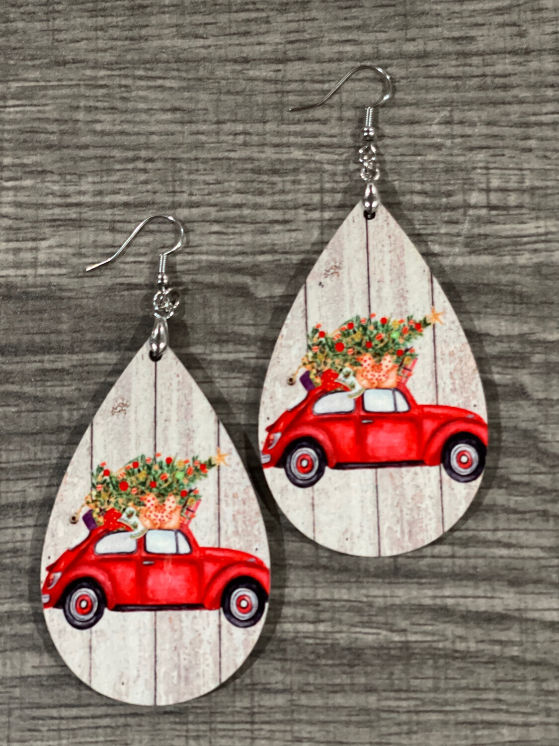 Red Slug Bug Carrying A Christmas Tree Teardrop Earrings