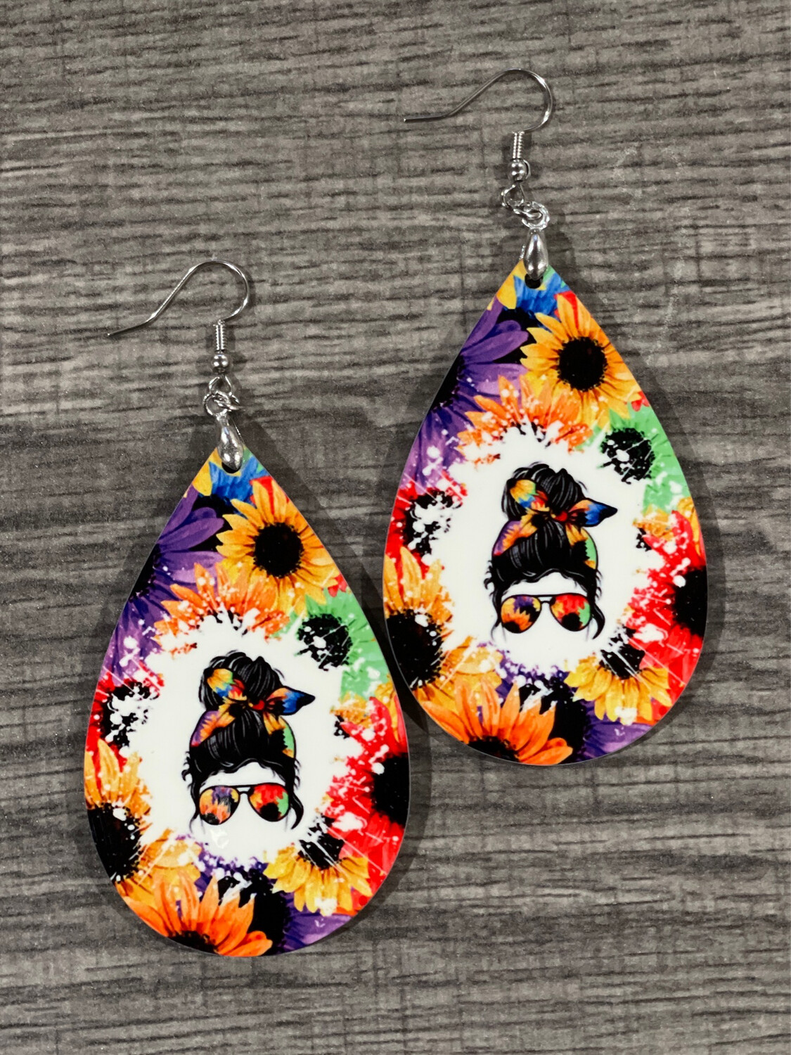 Rainbow Colored Sunflowers And Mom Life Bun With Shades Teardrop Earrings