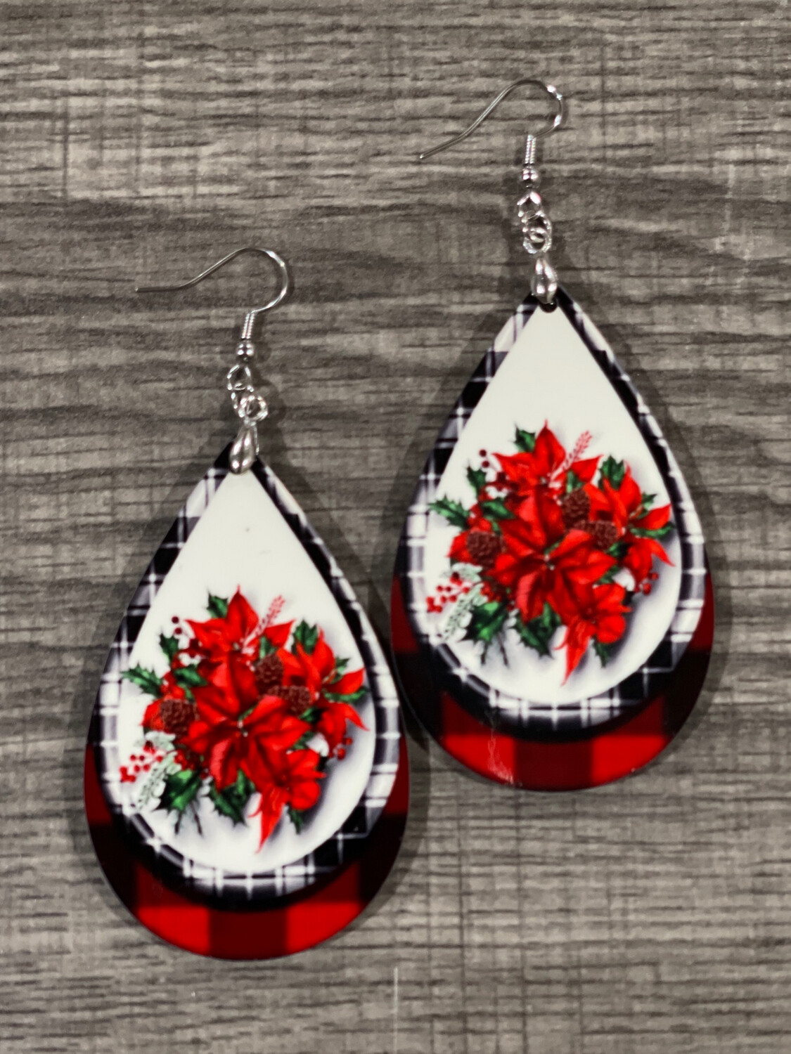 Poinsettias With Beautiful Plaid Teardrop Earrings