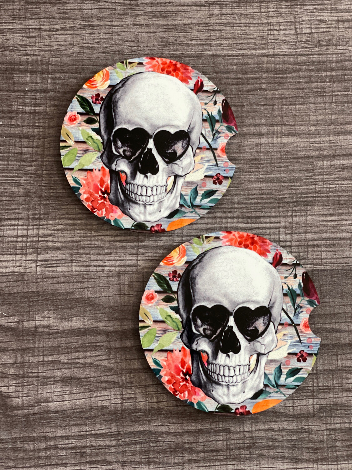 Skull With Floral Background Car Coasters