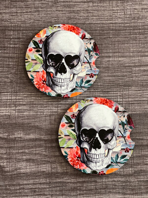 Skull With Floral Background Car Coasters