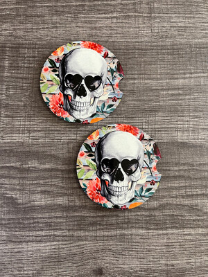 Skull With Floral Background Car Coasters