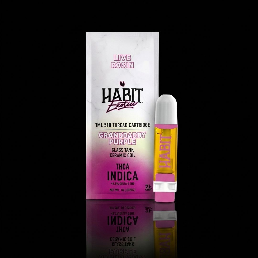 HABIT Exotics 1g Live Rosin THCa Vape Cartridge, Strain: Granddaddy Purple (I)