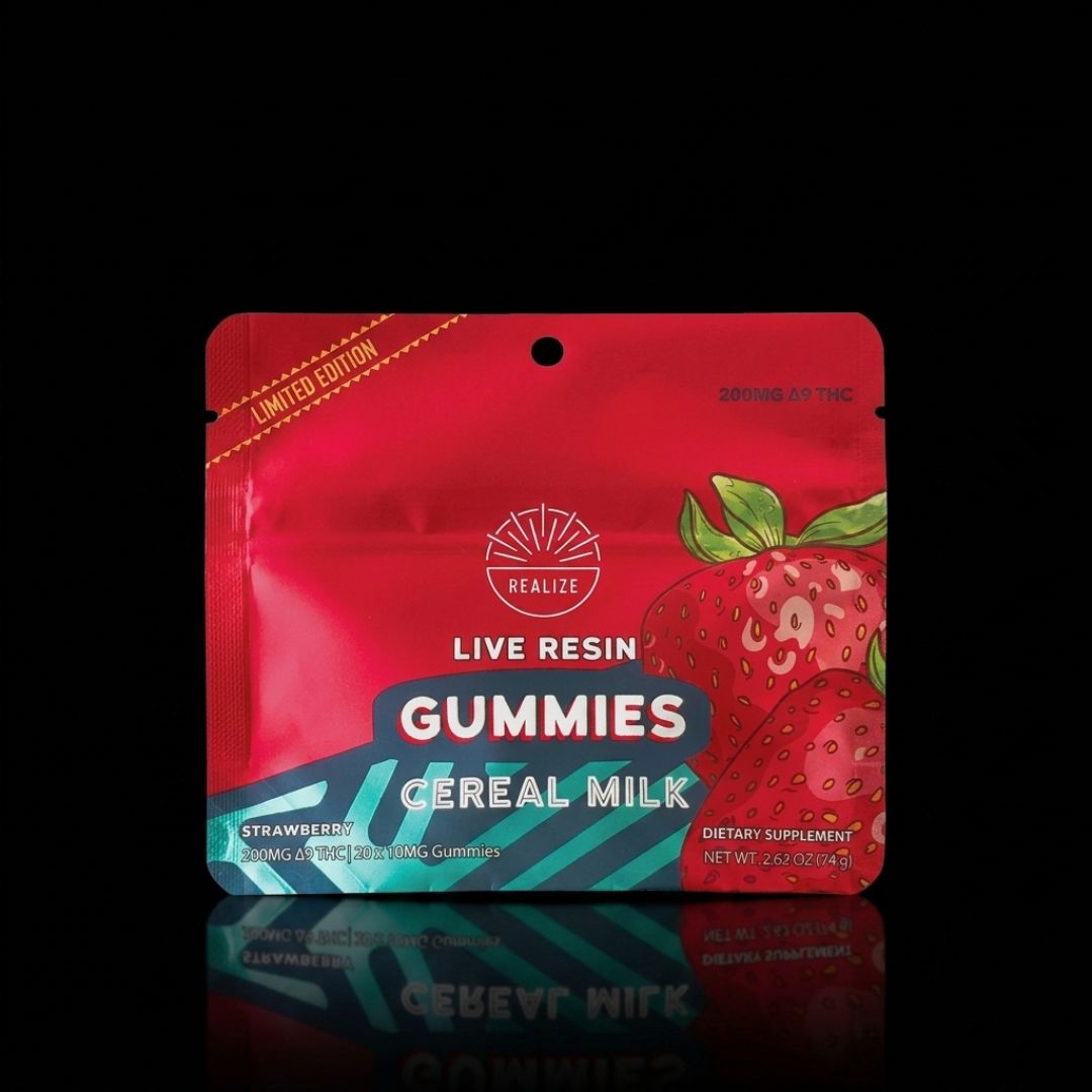 Realize 10mg Live Resin Gummies Realize 10mg Live Resin Gummies, Amount: 20ct, Strain: Cereal Milk (H) Strawberry