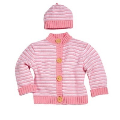 Pink Multi Striped Knit Sweater Cardigan w/ Matching Beanie Set
