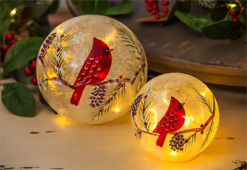 Glass Hand painted Cardinal and Pinecones LED Globes, Set of 2