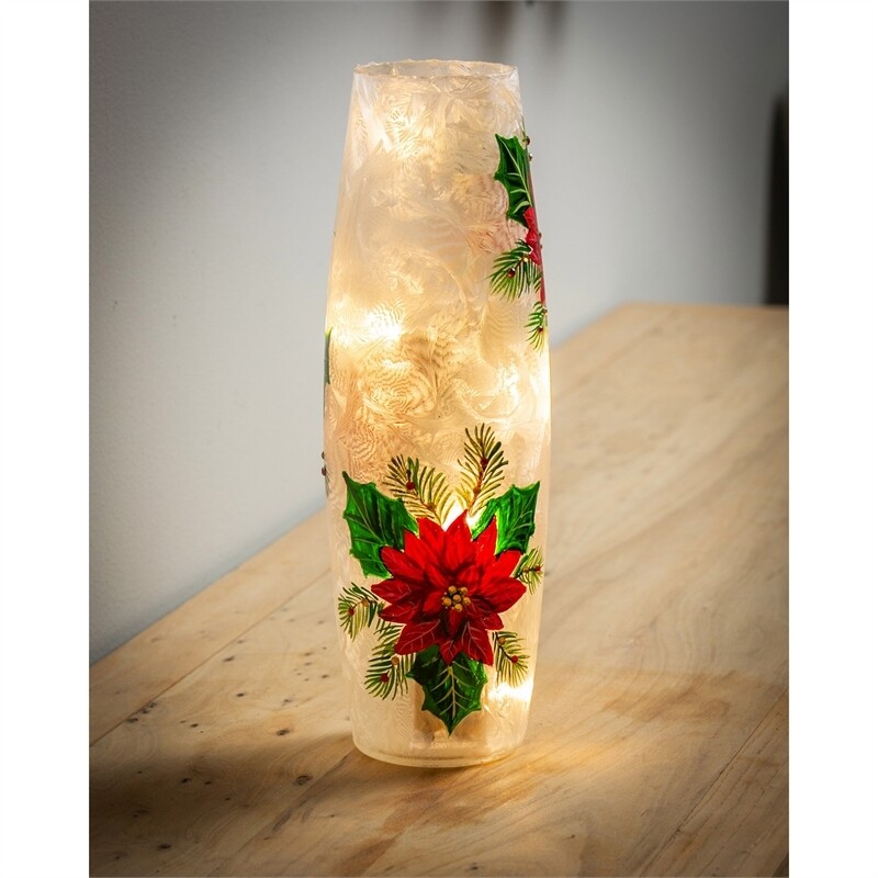 Handpainted Poinsettia LED Glass Cylinder