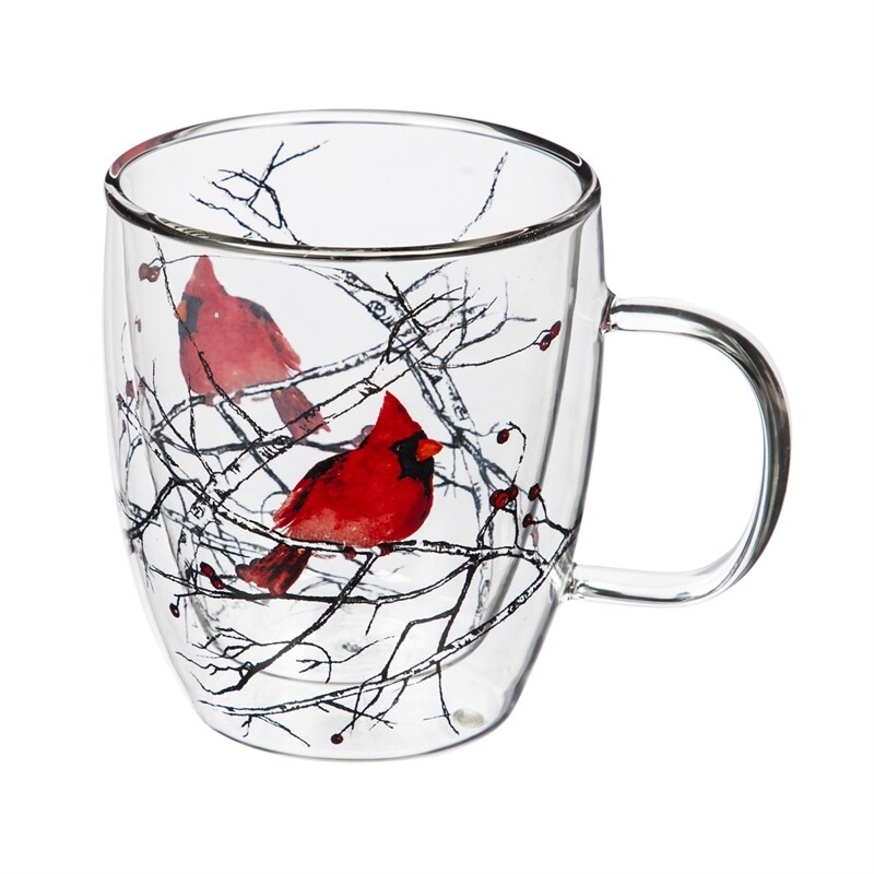Cardinal on Branch Double Wall Glass Cafe Cup with Gift Box, 12 ounces