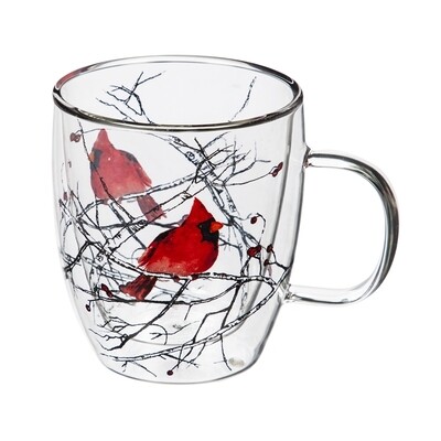 Cardinal on Branch Double Wall Glass Cafe Cup with Gift Box, 12 ounces