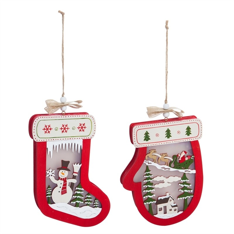 Large Wooden Mitten & Stocking Light-Up Wall Ornaments, Set of 2