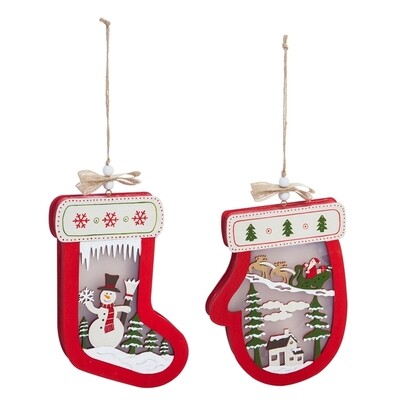 Large Wooden Mitten &amp; Stocking Light-Up Wall Ornaments, Set of 2